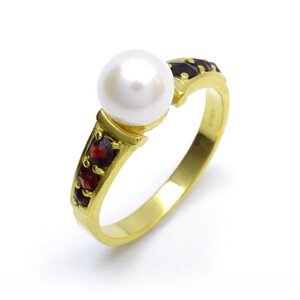 Granát Stříbrný nebo zlacený prsten český granát s perlou, 53, Zlacení 08209
