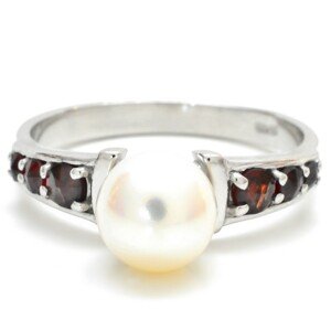 Granát Stříbrný nebo zlacený prsten český granát s perlou, 52, Rhodiování 08219