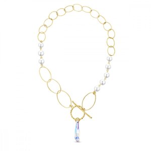 Stříbrný pozlacený náhrdelník s bílými perlami a měnivým krystalem Crystalactite NG6017AB8W AB,Stříbrný pozlacený náhrdelník s bílými perlami a měnivý