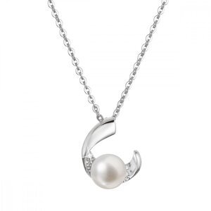 Stříbrný náhrdelník s pravou říční perlou v půlkruhu se zirkony 22041.1,Stříbrný náhrdelník s pravou říční perlou v půlkruhu se zirkony 22041.1
