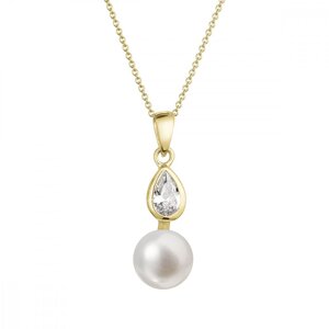 Zlatý 14 karátový náhrdelník žluté zlato s bílou říční perlou a zirkony 92PZ00048,Zlatý 14 karátový náhrdelník žluté zlato s bílou říční perlou a zirk